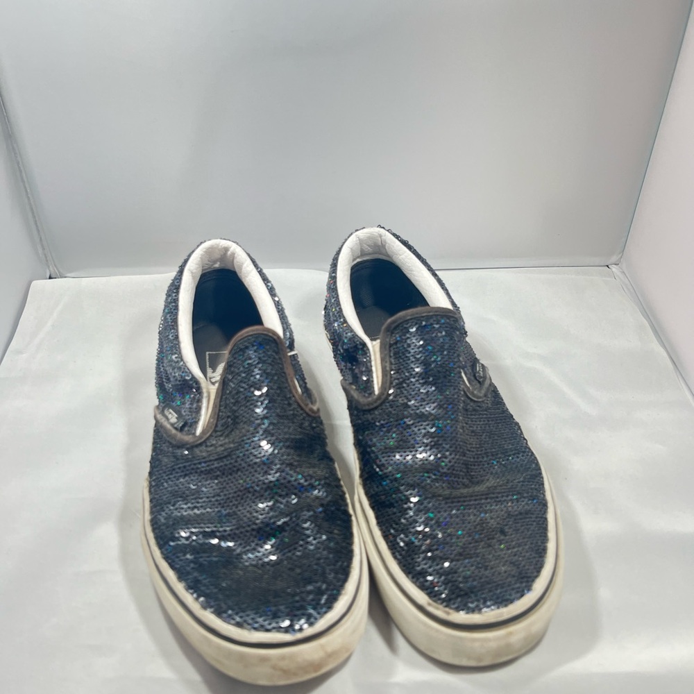 Vans, kids metallic blue sequence slip on shoes, no laces